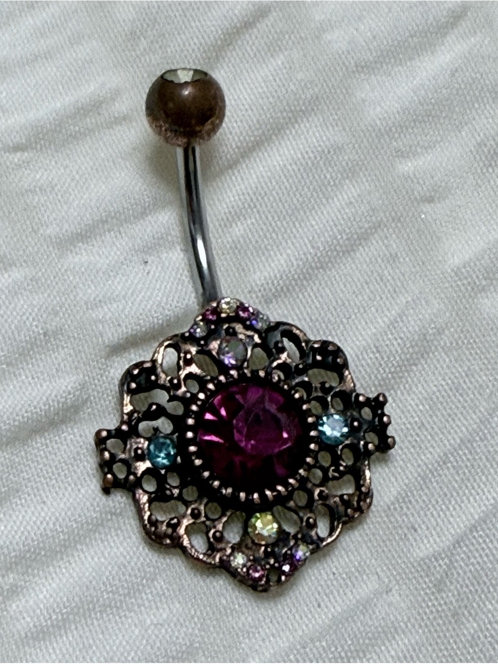 Vintage-Style Purple Gem Floral Belly Button Ring